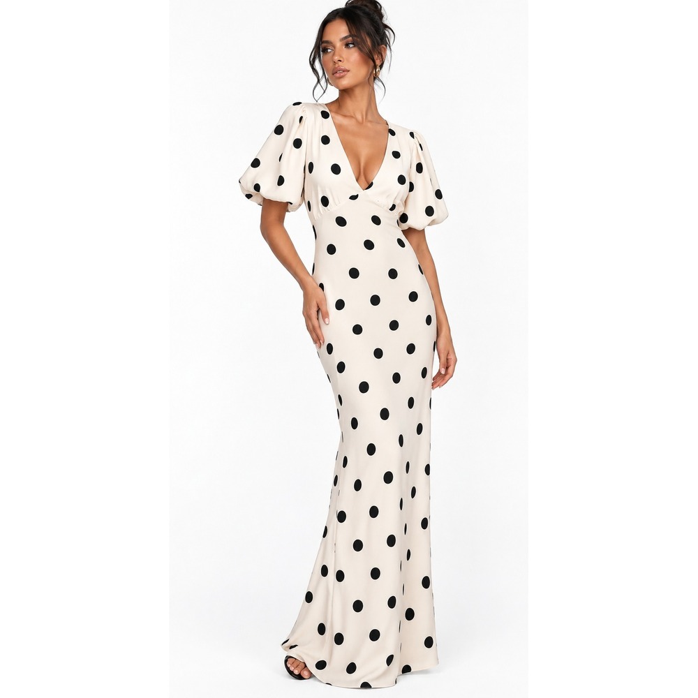 Boohoo Polka Dot Puff Sleeve Maxi Dress Ivory Black US 8 NWT